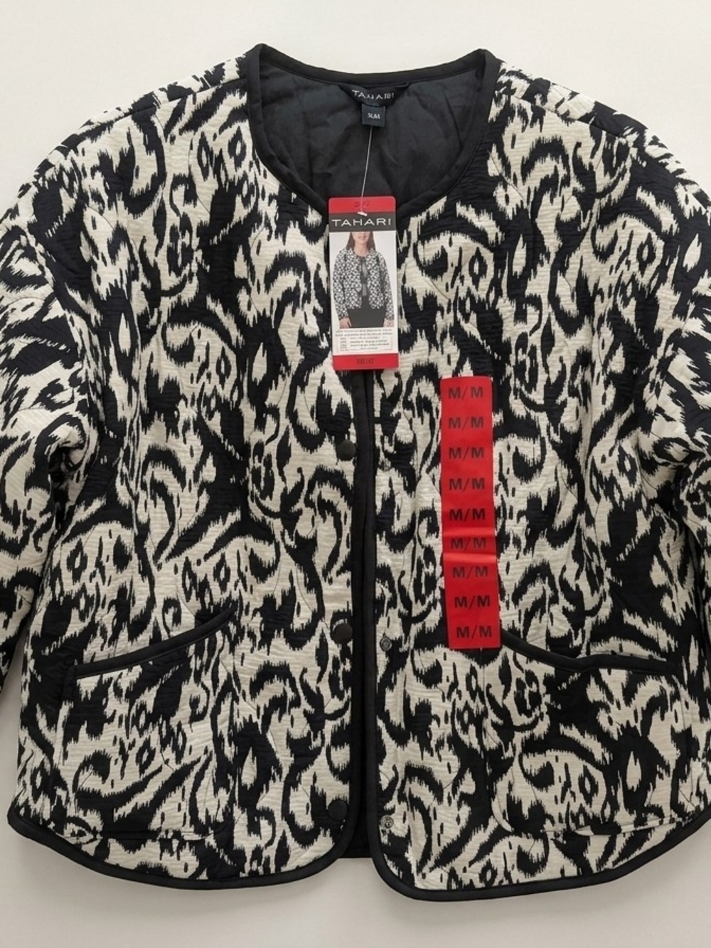Tahari Black & Cream Abstract Print Jacket – Size M